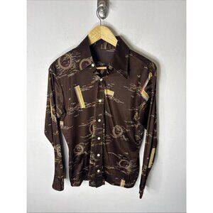 Vintage 70s Disco Geometric Print Button Down Shirt Brown M 15-15.5